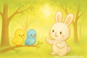 白いうさぎのこまちちゃんが、森の木を指さして2羽の小鳥に説明している。小鳥たちはこまちちゃんの前で首をかしげ、「なるほど」と考えている表情。