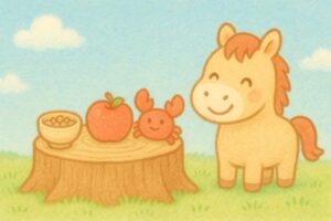 ラッキーフードの豆・くだもの・甲殻類をかわいい器やキャラ風に表現し、それを見て喜ぶ、ゆるかわパステル調のキャラクター馬のイラスト