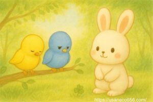 黄色と水色の小鳥がしょんぼりとうつむき、白いうさぎのこまちちゃんが優しく微笑みかける森の中の絵本風イラスト｜足元に四つ葉のクローバー