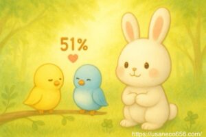 白いうさぎのこまちちゃんが胸に手を当てて優しく語りかけ、黄色と水色の小鳥が笑顔で向かい合う｜頭上に「51％」とハートが浮かぶ絵本風イラスト
