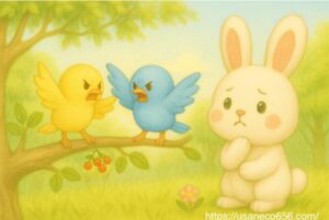 喧嘩する黄色と水色の小鳥を見上げて心配そうにする白いうさぎのこまちちゃん｜やさしいパステル調の絵本風イラスト