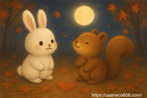 満月の光に照らされた秋の森で、リスのくるみちゃんが胸に手を当て夜空を見上げ、こまちちゃんがそっと寄り添う。赤いもみじが光る、幻想的で静かな夜の絵本風イラスト。