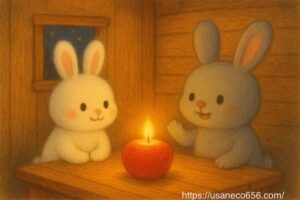 木の小屋の中、テーブルの上で赤いりんごランプが温かく光っている。こまちちゃんが微笑みながら灯りを見つめ、めいたくんが手をかざしてぬくもりを感じている。オレンジ色の光に包まれた穏やかな風水イメージ