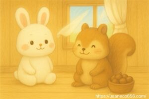 窓際に座るこまちちゃんとリスさん。外から爽やかな風が入り、どんぐりを飾った器のそばで微笑む、片付けと断捨離の癒やしイラスト