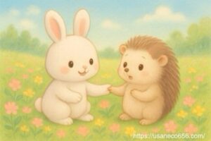 白うさぎこまちちゃんが驚くハリネズミのすみれちゃんの手をとり、ラッキーカラー風水の話をしているやさしの森のシーン