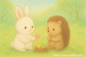 白うさぎのこまちちゃんとはりねずみのすみれちゃんがラッキーカラーの意味を相談する森の中の穏やかな風水シーン