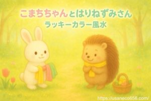 こまちちゃんとハリネズミのすみれちゃんがラッキーカラー風水を紹介しているイラスト