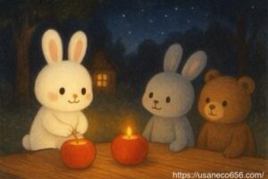 夜の森の小屋の前で、こまちちゃんが赤いりんごランプに小さなティーキャンドルを入れている。めいたくんとくまごろうさんが優しく見守り、りんごの灯りが金色に輝いて森を照らしている幻想的なシーン。