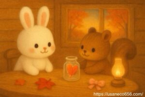 木のおうちの夕暮れ、くるみちゃんがハート形のもみじを小瓶に入れて恋の願いを込める。こまちちゃんが微笑んで見守る、あたたかく幻想的な秋の室内イラスト