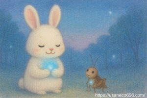 白うさぎのこまちちゃんが青い光を胸の前で包み込み、コオロギさんと希望の光を見つめる幻想的な夕暮れの森
