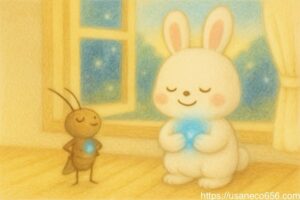 やさしの森の朝、東の窓から光が差し込む部屋で深呼吸する白うさぎのこまちちゃんとコオロギさん｜朝の風水 開運 癒しイラスト