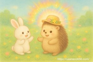 森の中で、白うさぎのこまちちゃんが拍手しながら見守る中、花飾りをつけて笑顔になるはりねずみさん。虹色の光に包まれ、自信を取り戻す魔法の瞬間を描いたやさしいパステル調イラスト