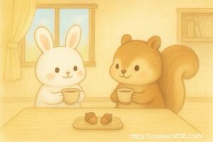 片付いた部屋でこまちちゃんとリスさんが並んでお茶を飲む。机の上にはお気に入りのどんぐりが飾られた、やさしい雰囲気のイラスト