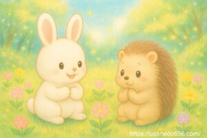 こまちちゃんの話を聞いて目を輝かせるハリネズミのすみれちゃん｜森の中でラッキーカラー風水に心が元気になる瞬間