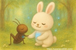 白うさぎのこまちちゃんがやさしく微笑み、コオロギさんが青い花びらを胸に握って落ち着きを取り戻すシーン｜落ち着きスイッチ 心を整える 風水 絵本