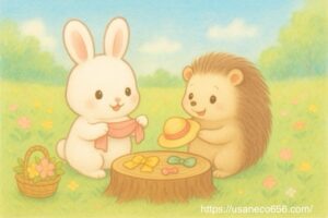 やさしの森の草原で、木の切り株テーブルを囲む白うさぎのこまちちゃんとはりねずみさん。スカーフや帽子を手に楽しそうにおしゃれ相談をしている、絵本風パステルイラスト