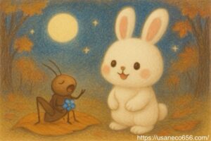 落ち着きスイッチができたコオロギさんが胸についた青い花をやさしく触りながら、自信に満ち溢れた表情で歌っている、横にはうれしそうにほほえんでいる白うさぎのこまちちゃんがいる