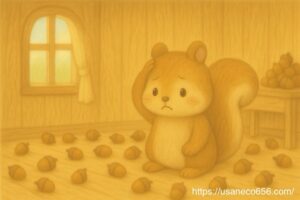 リスさんの部屋いっぱいにどんぐりが積まれ、困った表情で頭をかく様子。片付けや断捨離の大切さを伝える絵本イラスト