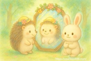 森の木にかけられた八角形の鏡の前で、花飾りをつけたはりねずみさんと、微笑む白うさぎのこまちちゃんが映る。光の粒と花びらが舞うやさしい森の朝を描いたパステル調イラスト