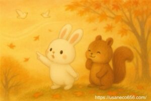 秋の丘で東南の風を感じるこまちちゃんとくるみちゃん。木々がそよぎ、小鳥が舞う穏やかな森の風景を描いた、やさしい風水の絵本風イラスト。