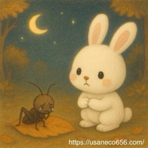 コオロギさんに優しく寄り添い、コオロギさんの悩みを聞く白いうさぎのこまちちゃんのイラスト