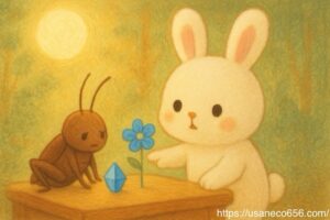 こまちちゃんが青い小物や花を指差しながらコオロギさんに風水を説明するイラスト