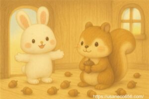 こまちちゃんがリスさんの部屋に入ってきて、にっこり笑顔で提案する場面。片付けと整理整頓のアイデアを伝える絵本風イラスト