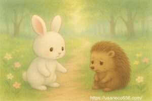 白うさぎのこまちちゃんが、落ち込むハリネズミのすみれちゃんに優しく励ましの言葉をかける森のシーン｜風水と心の癒しを描いたイラスト 