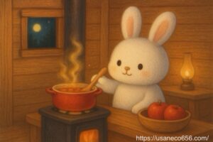こまちちゃんがりんごランプを使い終えて、りんご蜜煮を作るやさしい森の夜の風景。オレンジ色の光と湯気が包むあたたかな風水イラスト