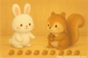 リスさんがどんぐりを大切そうに眺め、こまちちゃんが優しく見守る姿。お気に入りだけを残す断捨離の考えを描いたイラスト