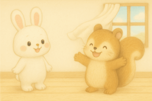 っきり片付いた部屋でリスさんが両手を広げて喜び、こまちちゃんが微笑む場面。断捨離で心も晴れる様子を描いた絵本風イラスト
