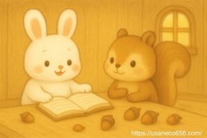 机の上で本を開き説明するこまちちゃんと、なるほどと頷くリスさん。お気に入りのどんぐりが並び、Q&Aをわかりやすく案内する絵本イラスト