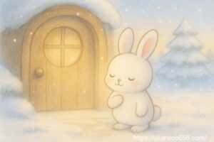 白うさぎのこまちちゃんが、磨いた玄関前で胸に手を当て、やさしい冬の風を感じている絵本タッチのイラスト。背景に柔らかな光が差し込む。