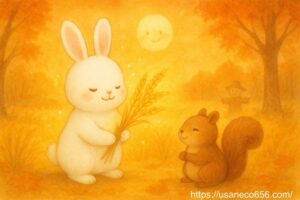 こまちちゃんとrリスさんが夕暮れの田んぼで収穫に感謝して手を合わせる水彩イラスト