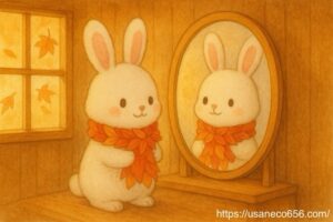 鏡の前で赤とオレンジのマフラーを身につけ、秋の光に包まれるこまちちゃんの風水イラスト