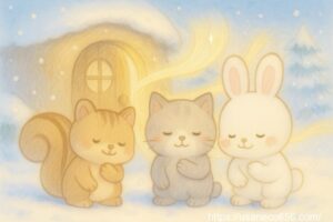 磨かれた玄関から光のリボンのような風がふんわり流れ、白うさぎのこまちちゃん、りすさん、ねこさんが胸に手を当てて“気持ちいいね”と感じているイラスト。淡いパステル色で描かれた優しい絵本風。