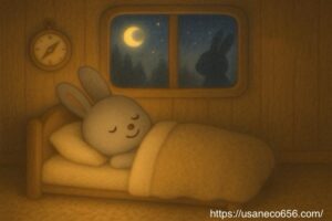 めいたくんが幸せそうな顔ですやすや寝ているベッドシーン 窓の外にはお月さまと星、静かな夜の森