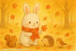 もみじ色のマフラーを巻いたこまちちゃんを、小鳥、リスやハリネズミたち森の仲間が見守る、心あたたまる秋の風水イラスト