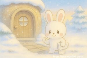 白うさぎのこまちちゃんが玄関を磨きを始める決意、雑巾を持って“よしっ”とガッツポーズしている冬の玄関イラスト。