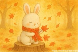 こまちちゃんが秋の森で赤やオレンジの落ち葉を集め、もみじ色のマフラーを編んでいる絵本風イラスト