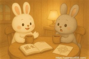 木の温もりの室内でココアを飲むこまちちゃんとめいたくん。机には簡単な方位図と風水の本。