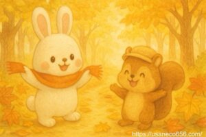 やさしの森でマフラーを広げるこまちちゃんと、ベージュの帽子をかぶったリスのくるみちゃんが微笑む秋の風水イラスト