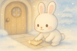 白うさぎのこまちちゃんが玄関の石畳をぞうきんできれいに磨いている。磨かれた石畳がキラッと光っている。