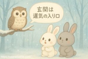 冬の静かな森で、白うさぎのこまちちゃんと灰色うさぎのめいたくんがフクロウ先生から『玄関は運気の入り口』と教わっている絵本風イラスト。朝霧の中で驚くこまちちゃんと落ち着いて聞くめいたくんが描かれている。