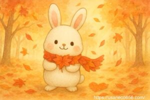 夕暮れの森で、もみじ色のマフラーを巻いたこまちちゃんが金色の光に包まれて微笑んでいる、秋の締めくくりイラスト