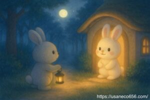 ランタンを持ってこまちちゃんの家を訪れる疲れた表情の灰色うさぎめいたくん。窓からはあたたかい光。