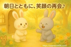 朝の光の中、めいたくんがこまちちゃんの家に元気いっぱい訪れる 「ぐっすり眠れたよ！」と笑顔で伝えるめいたくん こまちちゃんはうれしそうに微笑んでいる