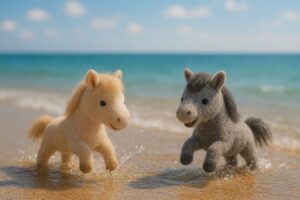 夏の海辺で浅瀬の海水をパシャパシャと楽しむ2頭の羊毛フェルト馬。一眼レフ風の自然光で撮影された、青空と穏やかな波に包まれた爽やかなビーチシーン
