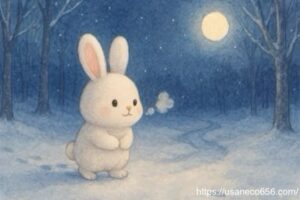 静かな雪の夜、白い息を吐きながら森を歩く白うさぎのこまちちゃん(冬至・静寂・やさしの森)