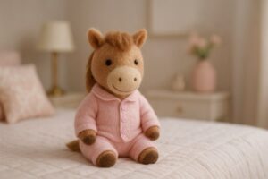 ピンクのパジャマを着た羊毛フェルトのお馬さんのぬいぐるみ。女子向けインテリアの寝室で撮影したような一眼レフ風イラスト